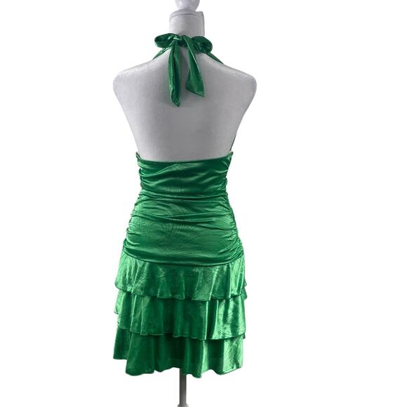 Ruby Rox 80s Green Babydoll Halter Dress Sz S Ruffled Ruched Open Back Coquette - Picture 5 of 8